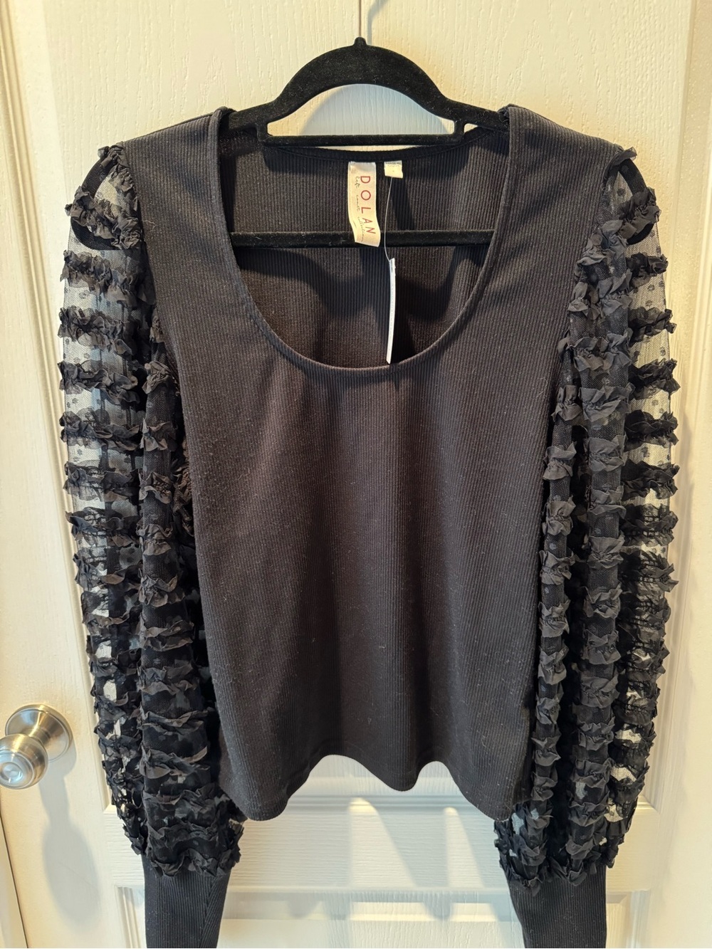 ANTHROPOLOGIE NWT 
Dolan Black Knit Top with Ruffle Sheer Sleeves